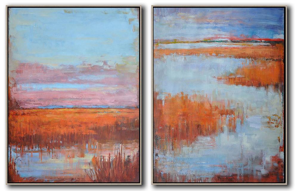 Hand-painted Set of 2 abstract landscape painting on canvas, free shipping worldwide neutral canvas wall art